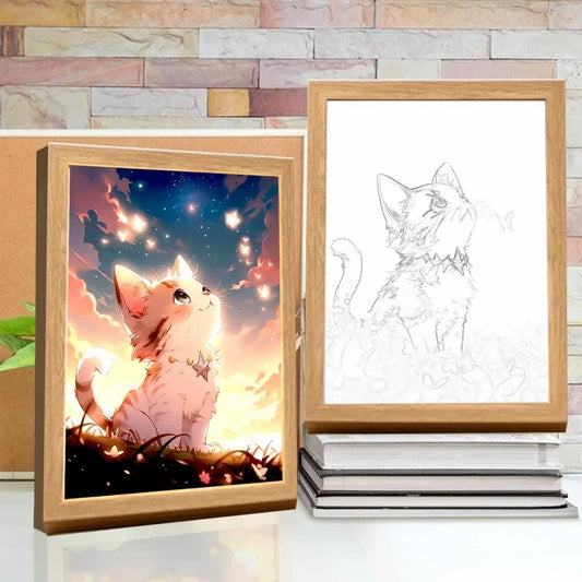 Cute cat LED night light frame with 3-color adjustable lighting, perfect for bedroom and home décor, crafted from wood and acrylic.