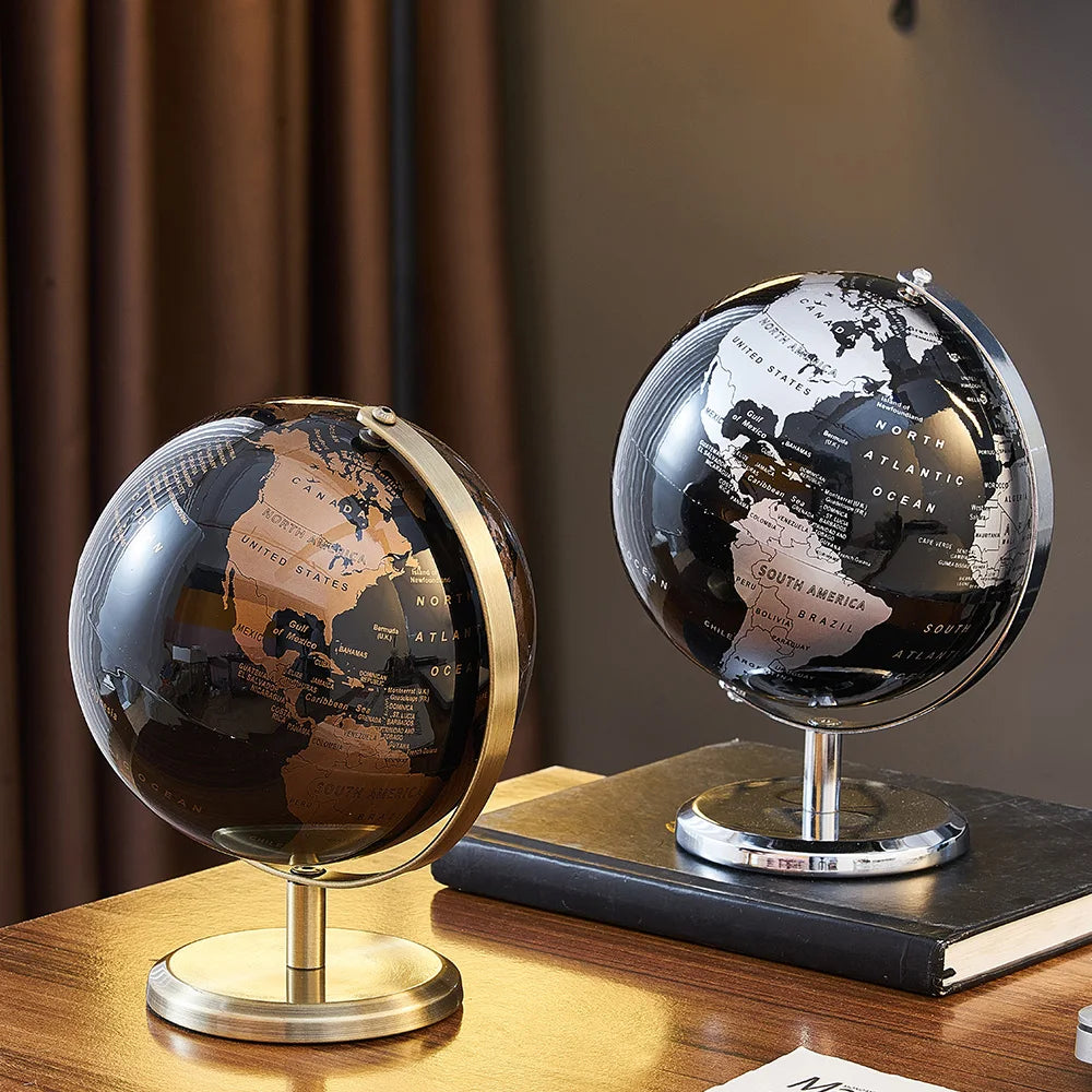 Retro World Map Globe on a desk, perfect for home and study decor, showcasing exquisite craftsmanship and detail.