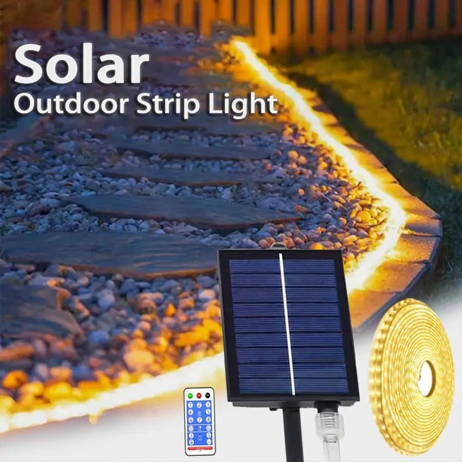 Solar-powered LED strip light illuminating a garden pathway, with waterproof design and remote control for versatile outdoor decoration.