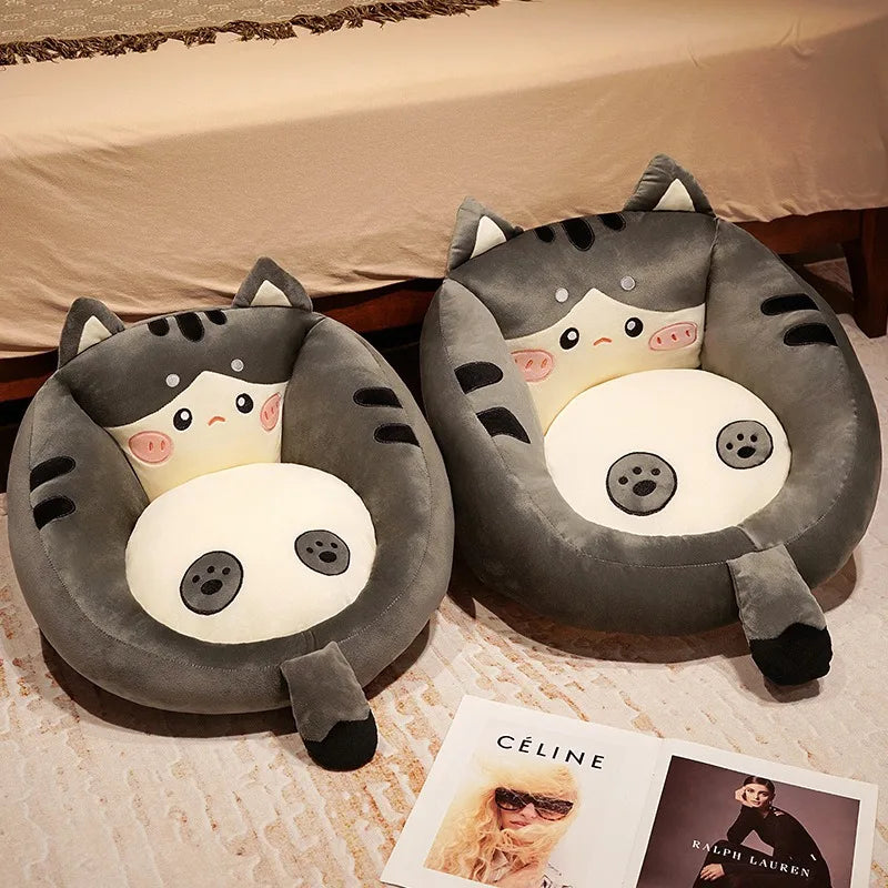 Royaleva Cartoon Cat Floor Cushion - Soft Plush Stuffed Tatami Sofa Pillow - Black / 50x30cm