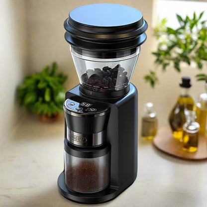 HiBREW automatic burr mill coffee grinder with adjustable settings, portafilter compatibility, and visual bean storage for perfect brewing.