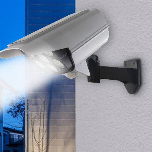 Solar-powered simulated surveillance camera with LED lights, IP65 weather resistance, providing affordable security deterrence for homes and businesses.