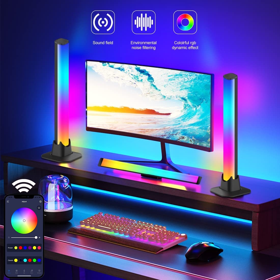 Sound Sync RGB LED light bars for immersive gaming and music setup, with app control, USB-powered, and vibrant color-changing effects.