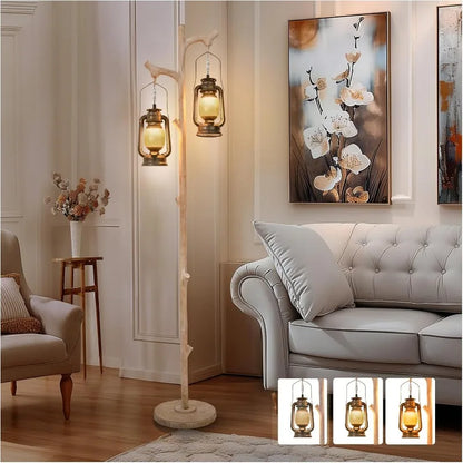 68-inch vintage floor lamp with classical lanterns and rustic tree trunk design, ideal for cozy indoor lighting.