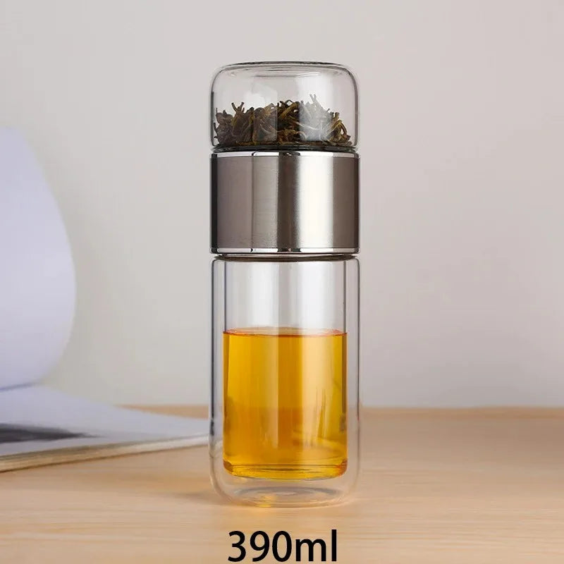 Royelux Glass Tea Bottle - 390ml Double-Layer Leakproof Tumbler with Tea Infuser