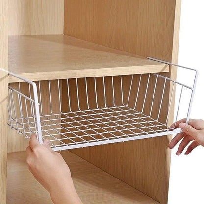 Durable wire storage hanging basket, multi-functional organizer for kitchen tools, bathroom essentials, or wardrobe items.