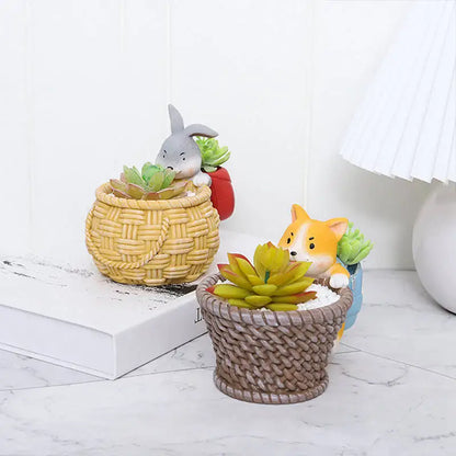 Royaleva Original Courtyard Flowerpot - Rustic Corgi & Bunny Succulent Planter - Bunny