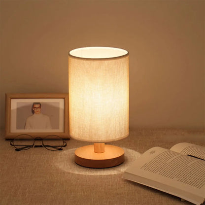 Royaleva USB Bedside Table Lamp with Wooden Base and Cylinder Shade - A