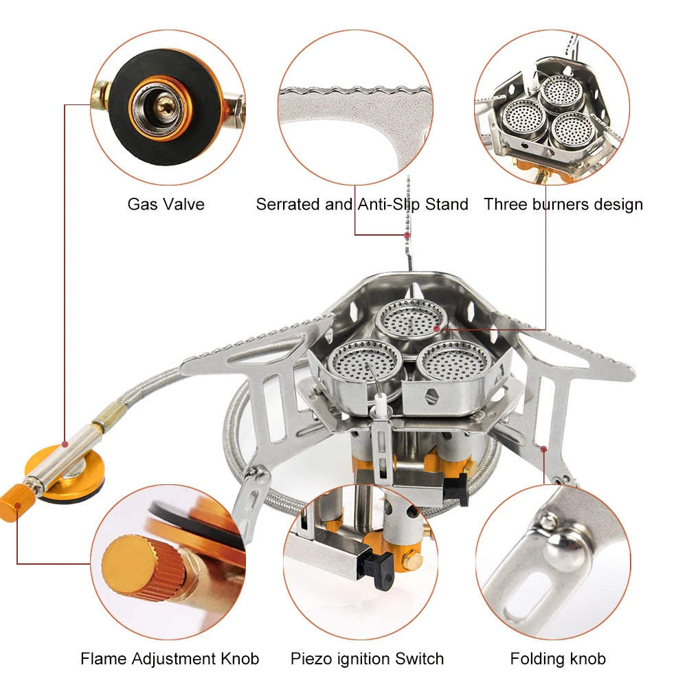 Royaleva Camping Gas Stove - High-Power Portable Outdoor Cooking Equipment - With adapator