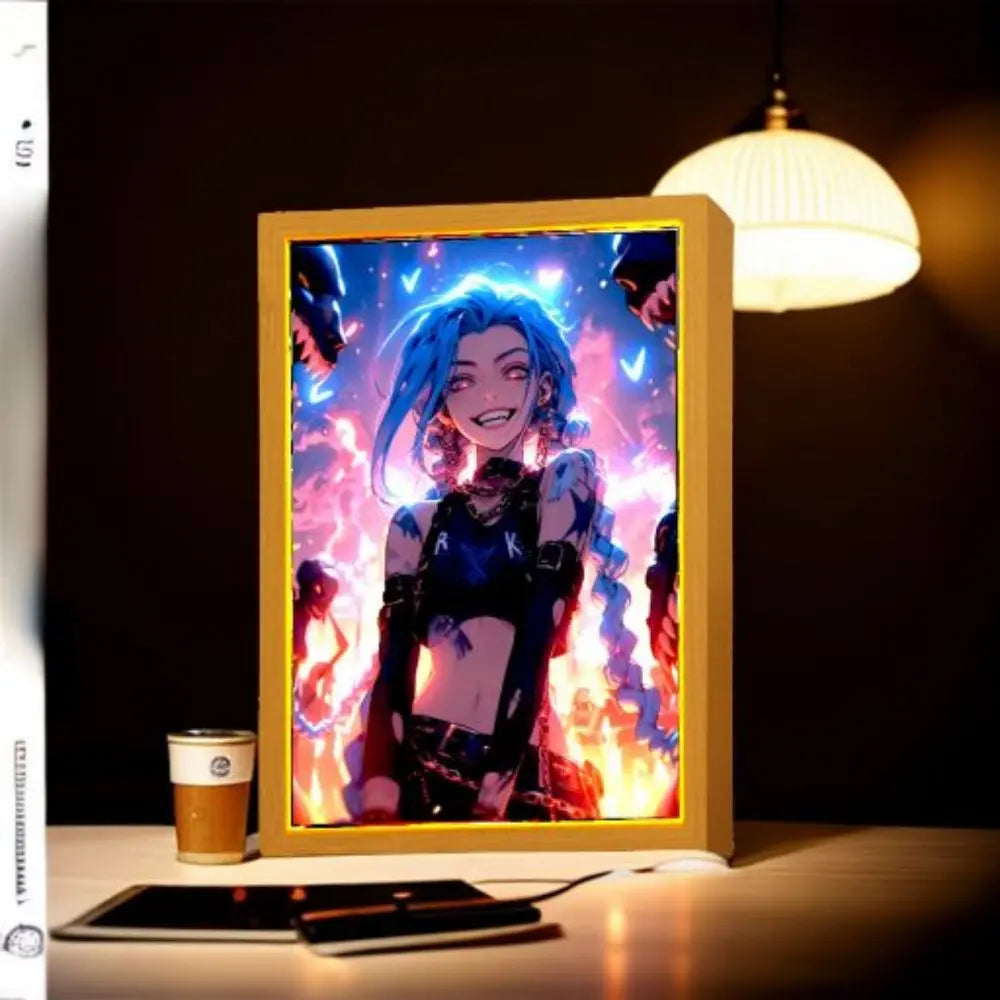 League of Legends LED lamp featuring bold character artwork, with adjustable 3-color dimmable LED lighting, perfect for gamers and fans.