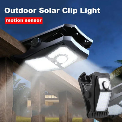 Solar LED street light with motion sensor, clip-on design, and waterproof build, perfect for fences, decks, and outdoor security lighting.