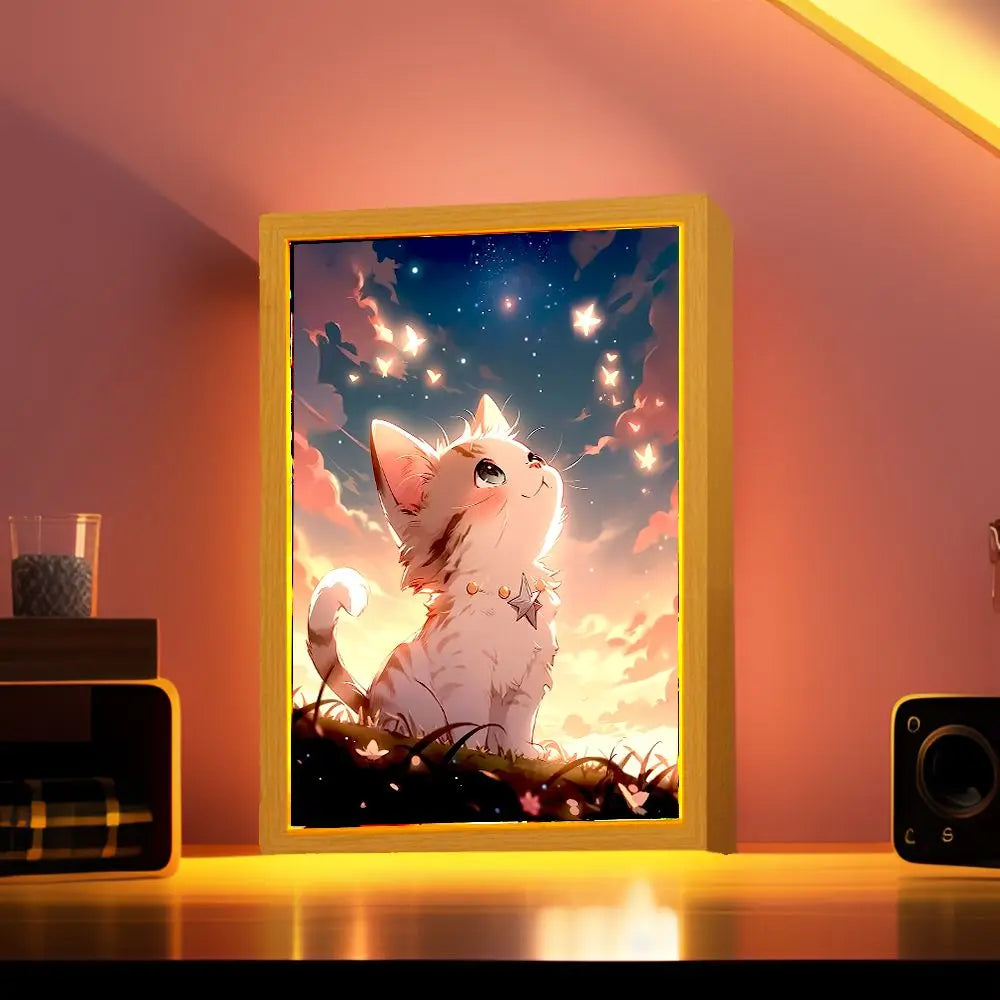 RoyaleGlow Cat LED Night Light Frame - Adorable 3-Color Dimmable Painting Lamp