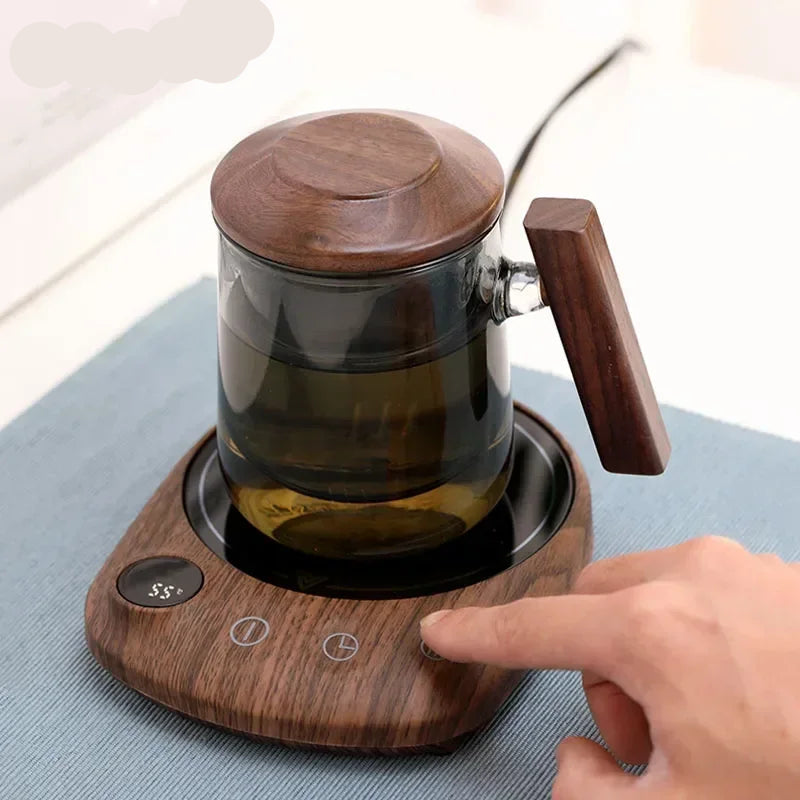 Smart electric mug warmer plate with wood-grain design, featuring 5 temperature settings and timer function for keeping beverages warm.