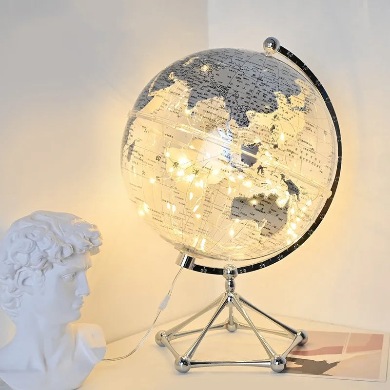 Royaleva LED Rotating World Globe Lamp – Illuminated Earth Decoration - Silver / Cell Power