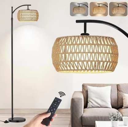 Rattan Floor Lamp - Dimmable LED with 3 Color Temperatures, Boho Farmhouse Style