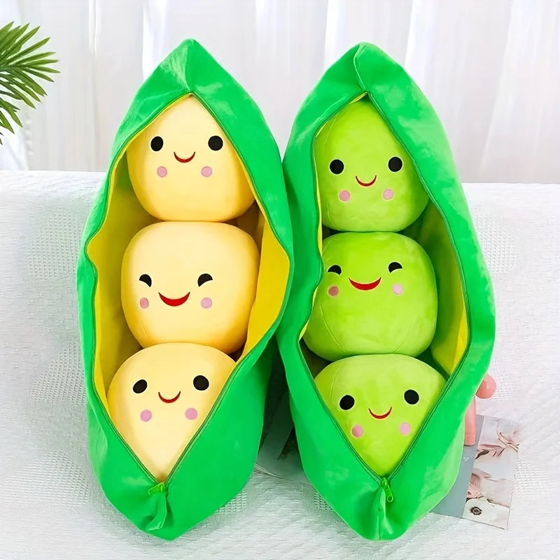 Plush pea pod toy with three smiling stuffed peas, soft and huggable design, perfect for kids and as a unique gift.