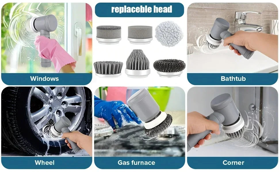 Cordless Electric Spin Scrubber – Rechargeable Cleaning Brush with 6 Replaceable Heads