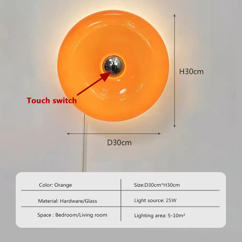 RoyaleGlow Donut Glass Wall Lamp with Tricolor LED for Bedroom & Living Room - Orange