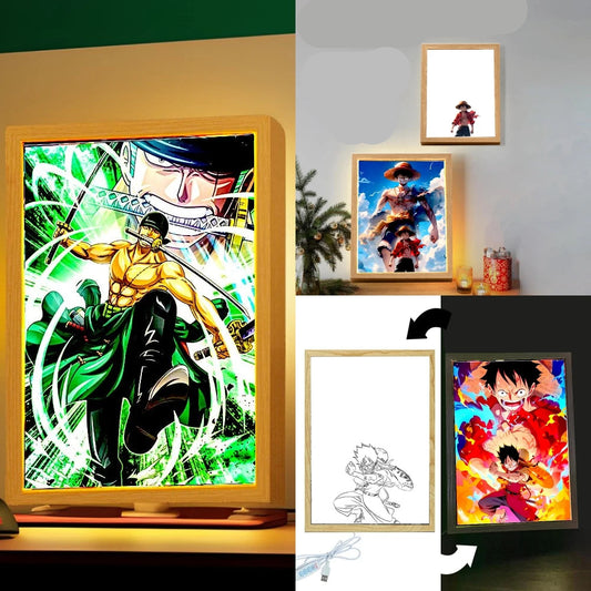 One Piece LED night light featuring vibrant Luffy and Zoro artwork, with 3-color dimmable LED lighting, perfect for anime fans and collectors.