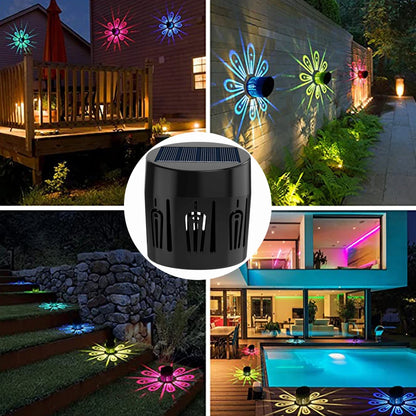 Solar LED garden light with shadow patterns, RGB and warm white options, mounted on a wooden fence, perfect for outdoor decorations.