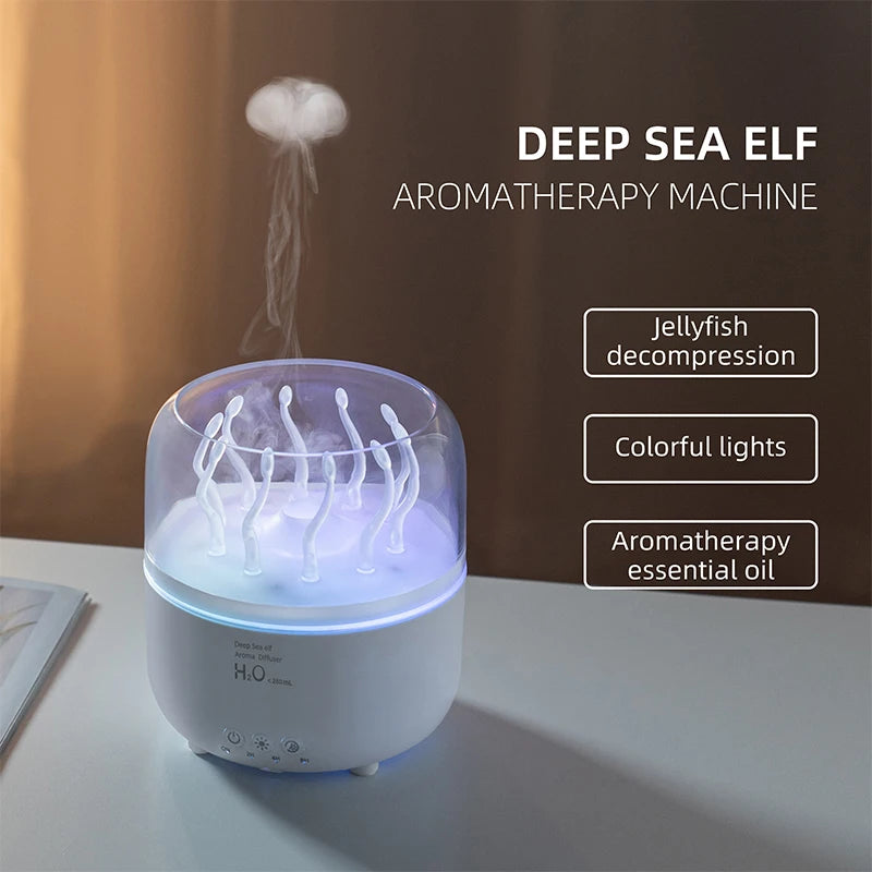 Tank-Shaped Aromatherapy Diffuser featuring jellyfish mist, colorful LED lights, and ultrasonic essential oil diffusion for home relaxation.