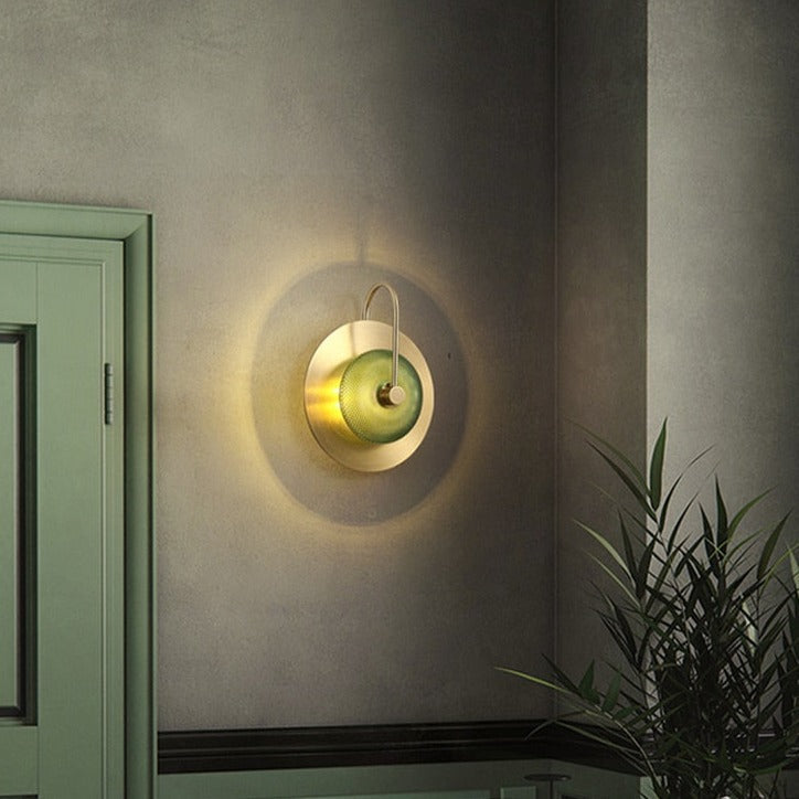 RoyaleGlow Elegant Circular Glass Wall Sconce for Radiant Illumination - Single Green Gold