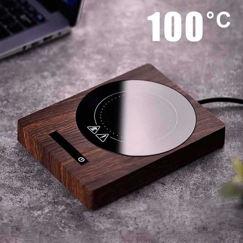 Elegant cup heater mug warmer with wood-grain plastic design, keeping coffee or tea warm with 5 adjustable temperature settings.