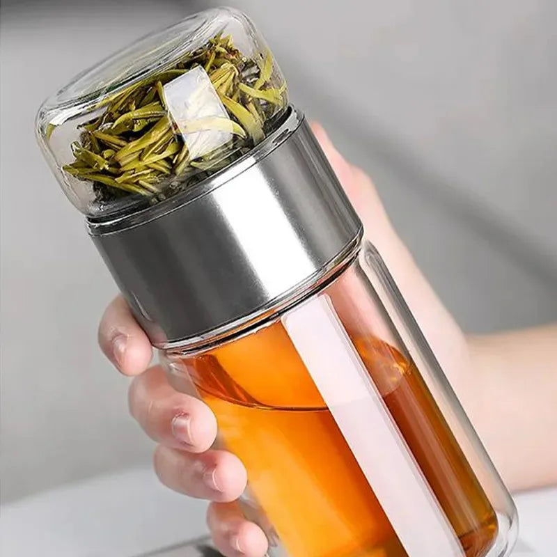 Royelux Glass Tea Bottle - 390ml Double-Layer Leakproof Tumbler with Tea Infuser