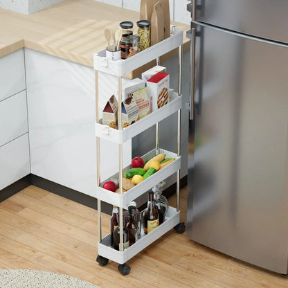 Slim 4-tier kitchen organizer with wheels, durable PP plastic, compact storage rack for narrow spaces in kitchens, bathrooms, or living rooms.