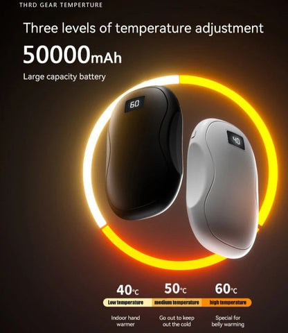 50000mAh hand warmer with digital display, portable double-sided heater, USB power bank, perfect for winter warmth and charging devices.