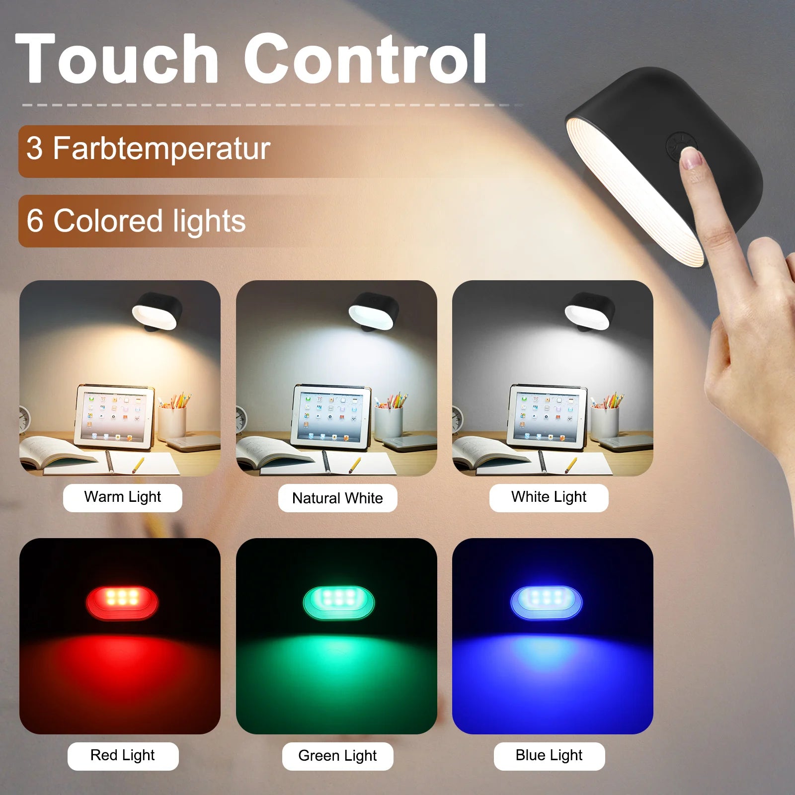 Remote Control Dimmable Reading Lamp - 360° Rotating RGB Touch Wall Light - Black