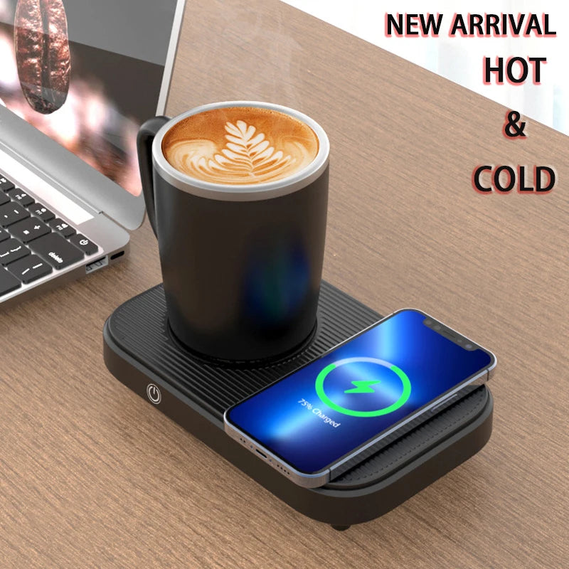 Hot and cold cup thermostat pad with wireless charging, offering 55°C heating, 8°C cooling, and sleek design for home or office use.