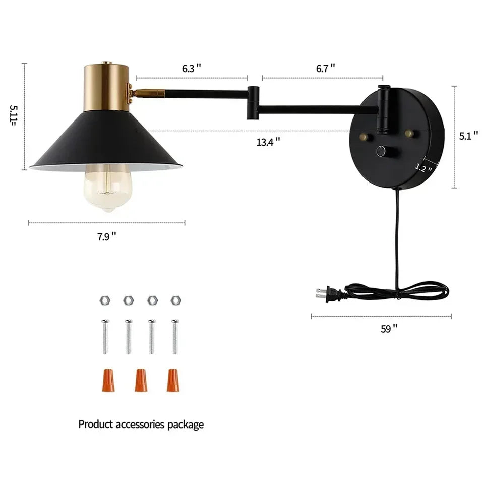 Dimmable Plug-in Metal Wall Sconce - Adjustable Angle Bedside Lamp