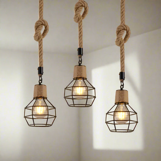 RoyaleGlow Vintage Hemp Rope Chandelier – Rustic Pendant Lamp for Dining & Cafe - Hemp Rope