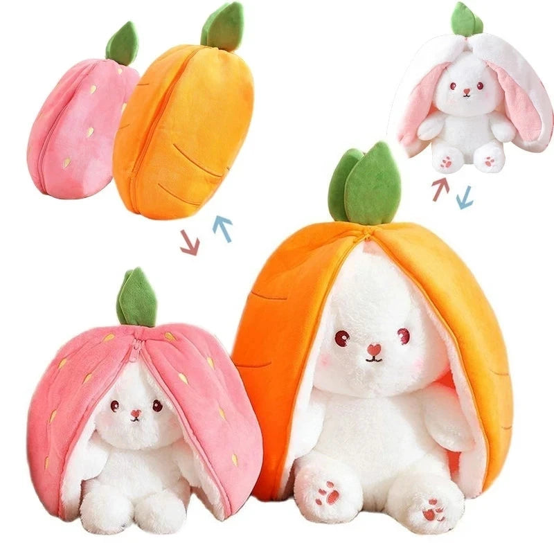 Carrot rabbit plush toy with bunny hiding in a strawberry-shaped bag, soft and cuddly fabric, perfect for kids and collectors.