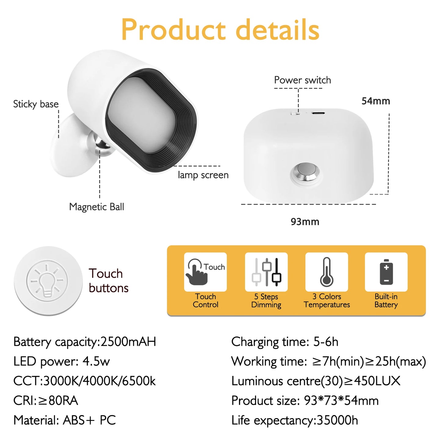 Remote Control Dimmable Reading Lamp - 360° Rotating RGB Touch Wall Light - Black