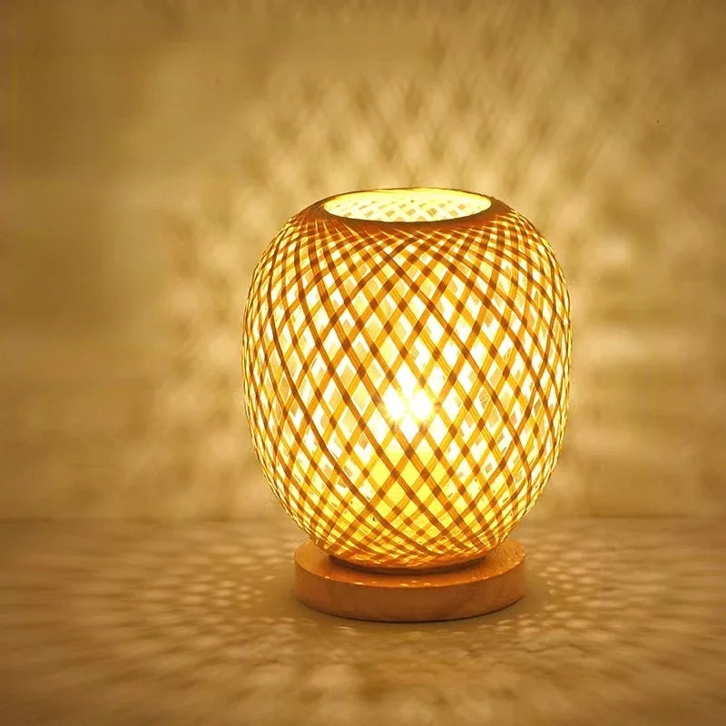 Handmade Rattan Table Lamp with Natural Wooden Base