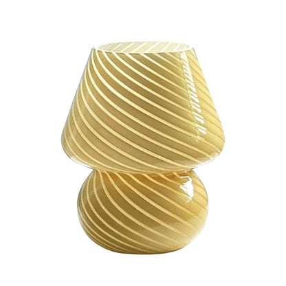 Glass mushroom table lamp with vintage striped design, ideal for bedside, living room, or study decor.