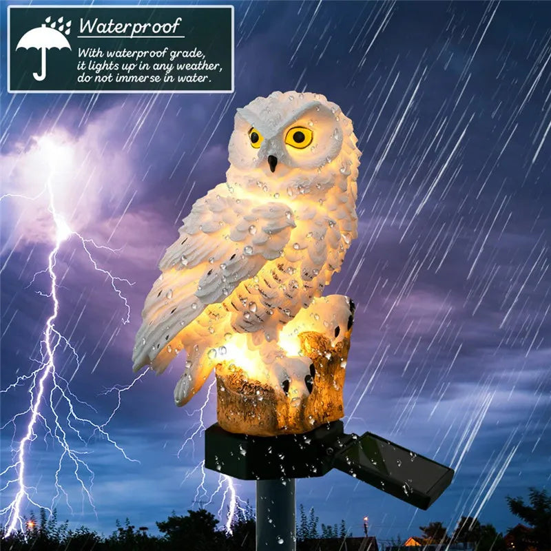 Owl solar garden lights with LED glow, solar-powered outdoor decor, waterproof owl stake light for lawns, patios, and pathways.