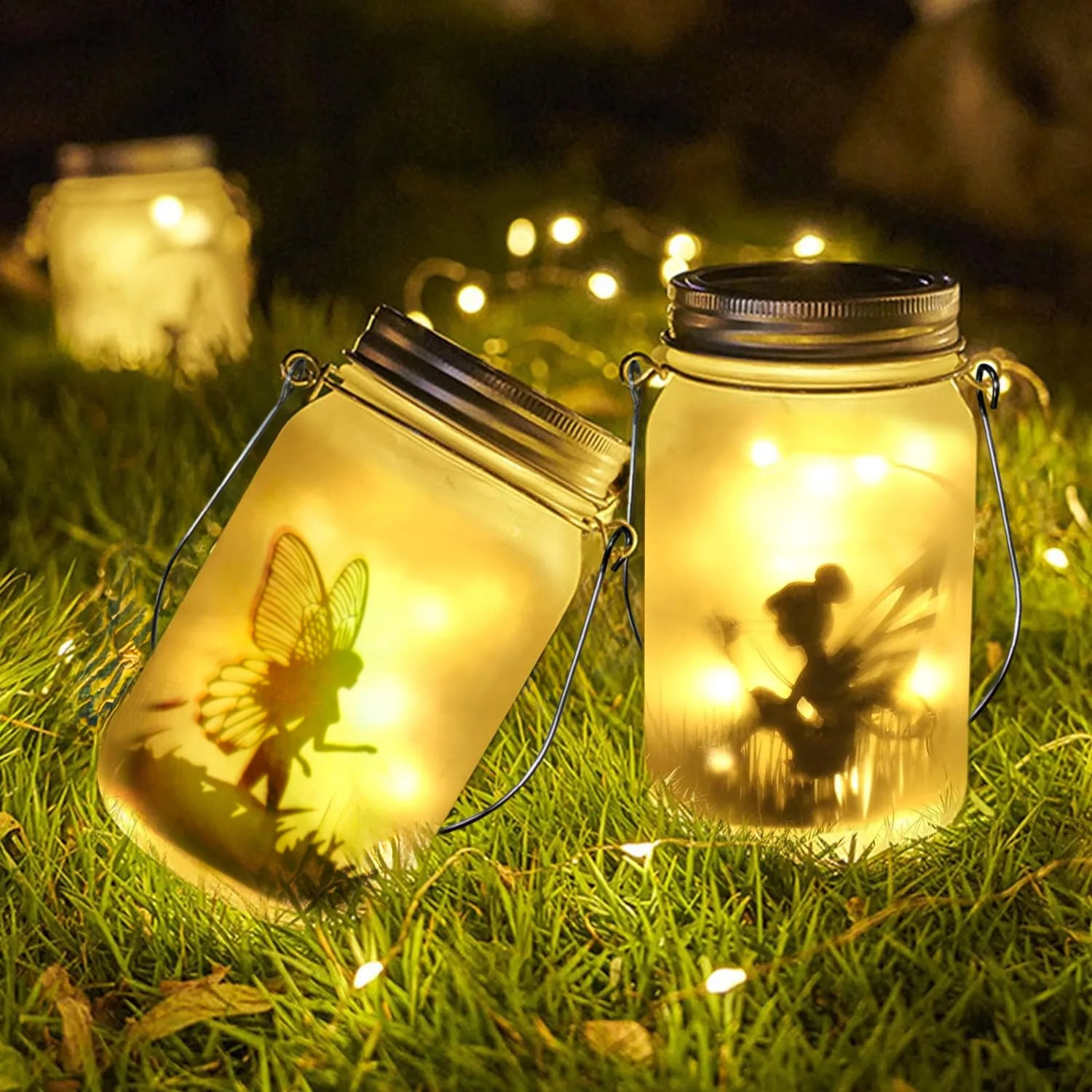 Glass Fairy Lamp - Solar Mason Jar Lantern, IP65 Waterproof Outdoor Hanging Light - Warm