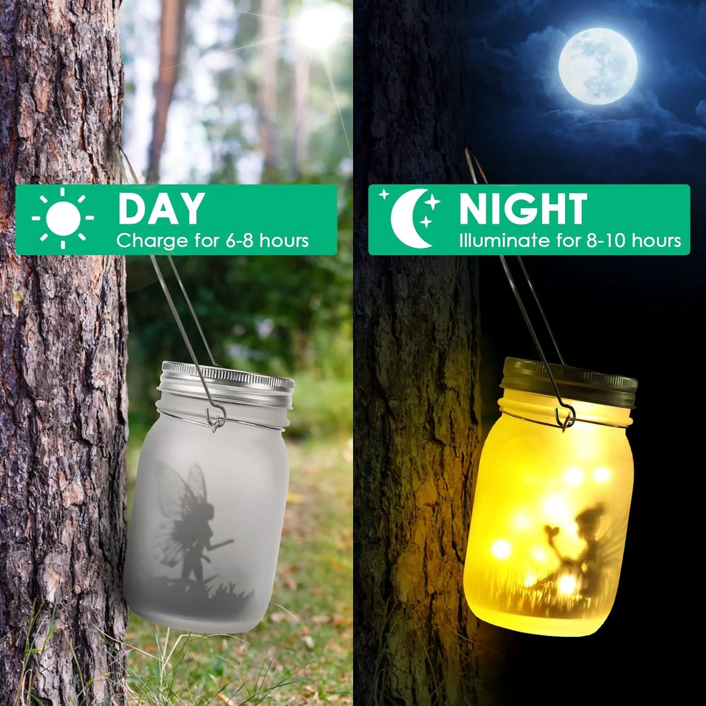 Glass Fairy Lamp - Solar Mason Jar Lantern, IP65 Waterproof Outdoor Hanging Light - Warm