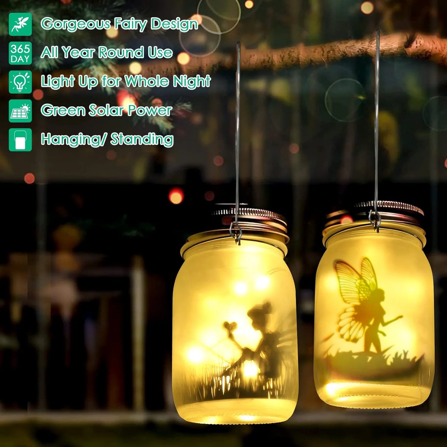 Glass Fairy Lamp - Solar Mason Jar Lantern, IP65 Waterproof Outdoor Hanging Light - Warm