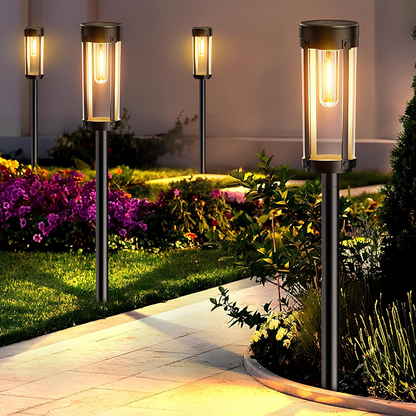 Solar powered torch light with integrated solar panel, long-lasting illumination, easy installation for gardens and pathways, outdoor lighting