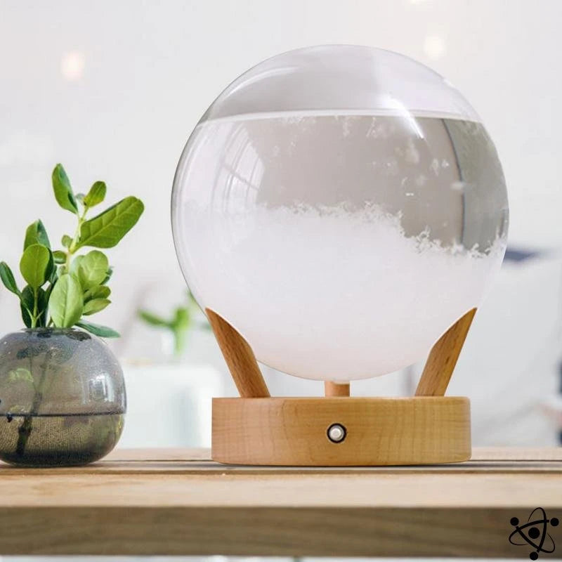 Glass storm weather station on a wooden base, minimalist decor piece and functional barometer.