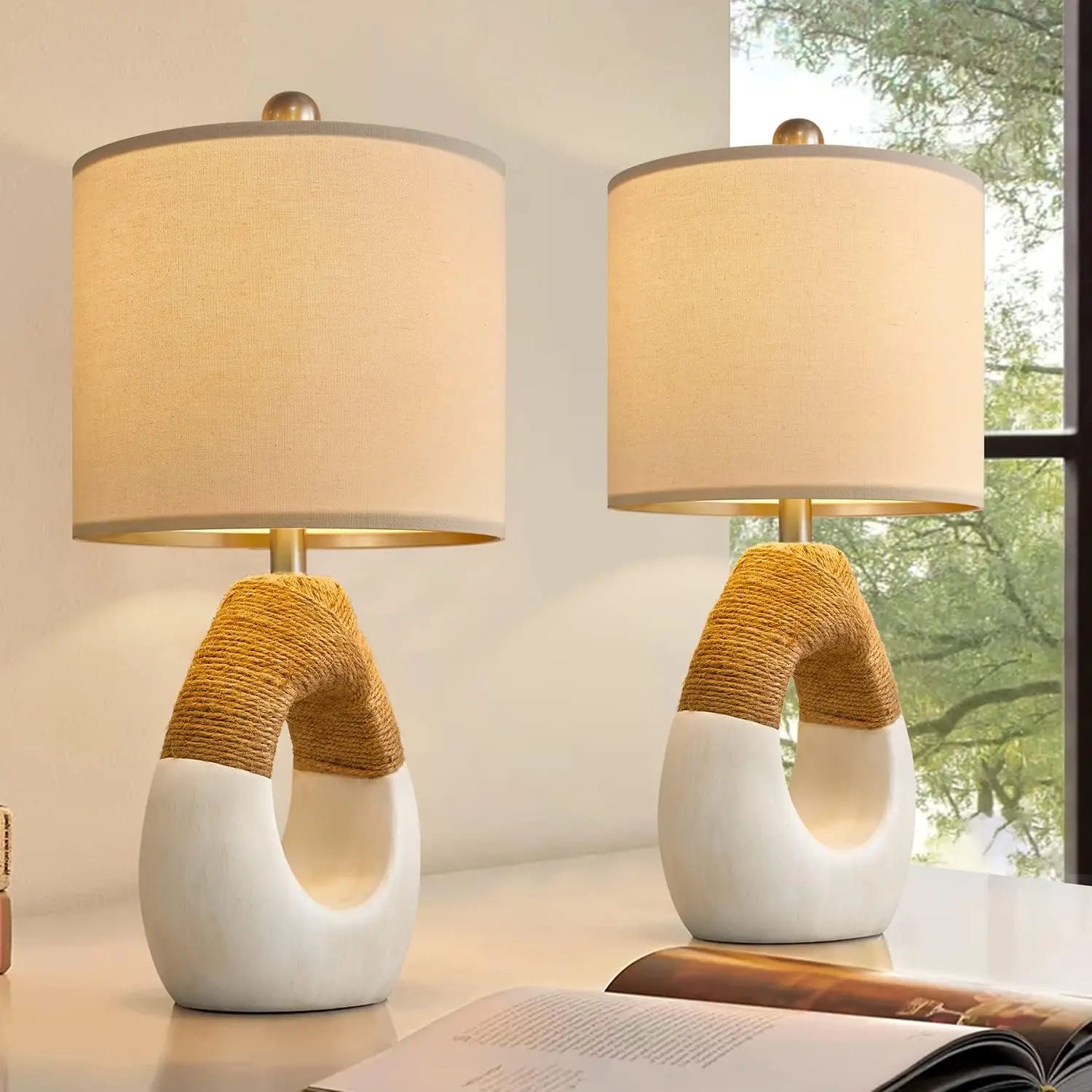 Set of 2 rattan lamps with resin base and cotton-wrapped design, ideal for rustic and modern bedroom or living room decor.