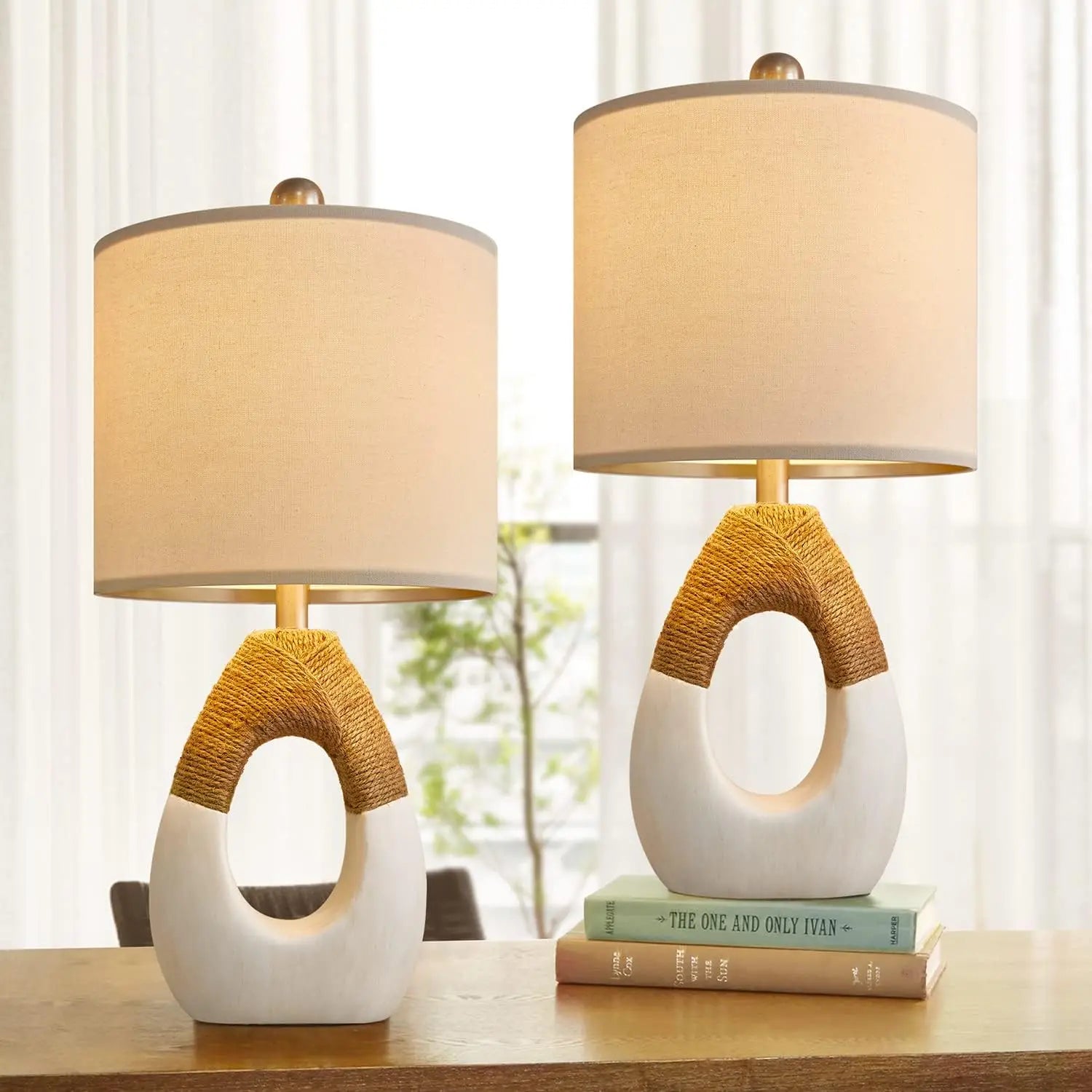 Set of 2 rattan lamps with resin base and cotton-wrapped design, ideal for rustic and modern bedroom or living room decor.