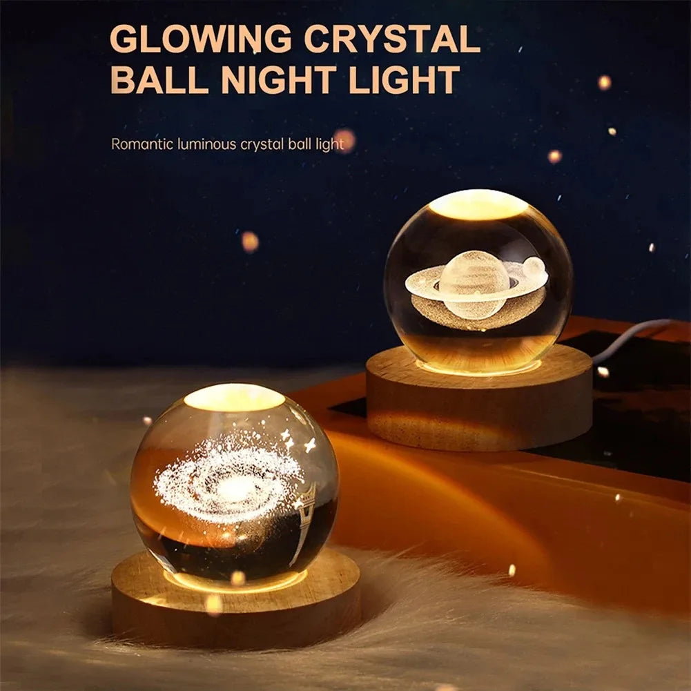 Crystal Ball Light with 3D galaxy projections, USB-powered night light for creating a cozy atmosphere, ideal for bedrooms and relaxation.