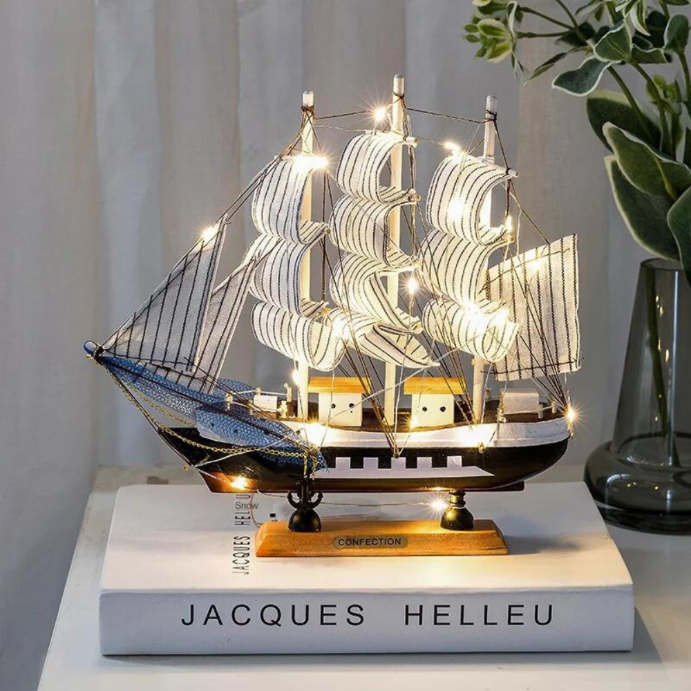 Royaleva Nordic Wooden Sailboat Sculpture - LED Lit Decor Piece, Battery-Powered - White and Brown