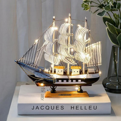 Royaleva Nordic Wooden Sailboat Sculpture - LED Lit Decor Piece, Battery-Powered - White and Brown