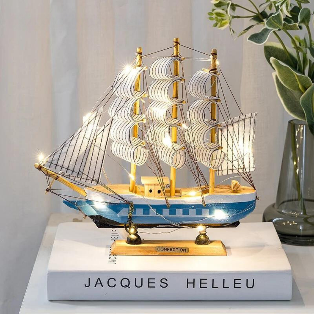 Royaleva Nordic Wooden Sailboat Sculpture - LED Lit Decor Piece, Battery-Powered - Light Blue